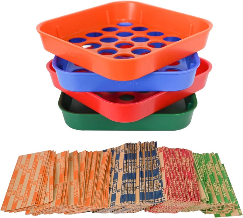Essential Coin Sorters Tray, 4 Color-Coded Coin Sorting Tray with 160 Assorted Coin Roll Wrappers - Image 1